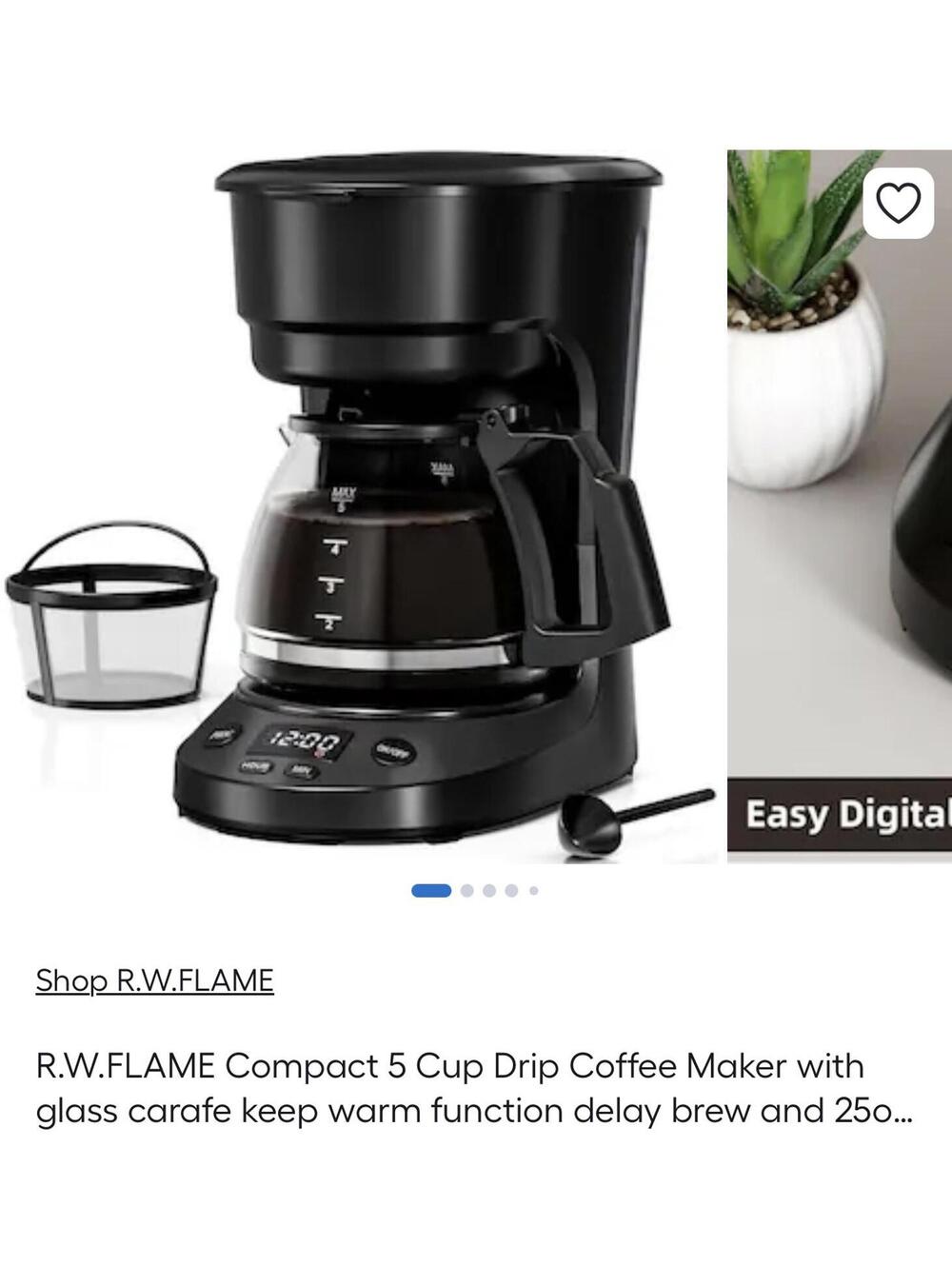 Compact 5 Cup (25 OZ) Drip Coffee Maker with Glass Carafe & Digital Controls